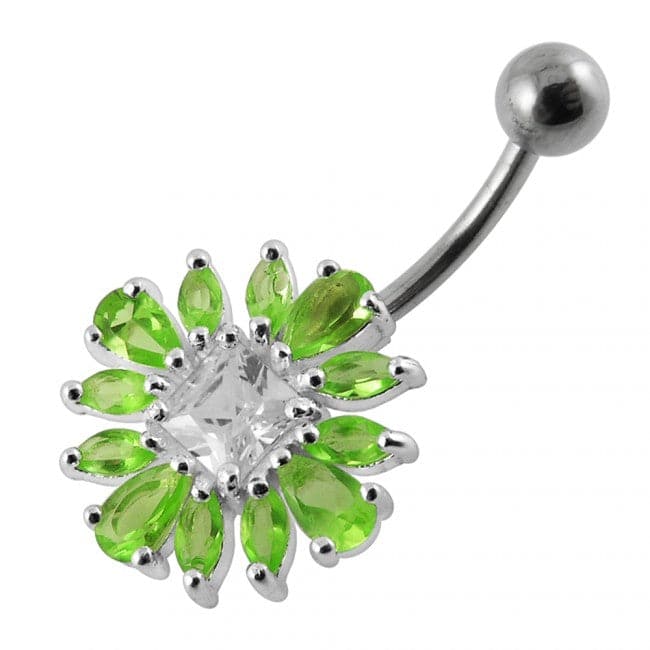 925 Sterling Silver Jewelled Flower Non-Moving Belly Ring
