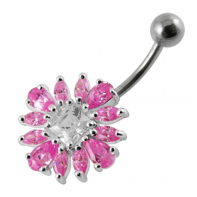 925 Sterling Silver Jewelled Flower Non-Moving Belly Ring