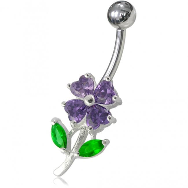 925 Sterling Silver Jewelled Flower Leaf Non-Moving Belly Ring