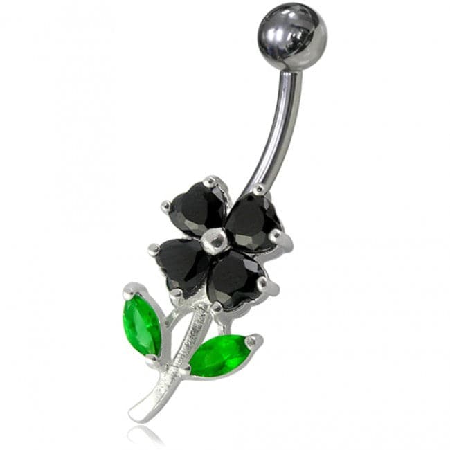 925 Sterling Silver Jewelled Flower Leaf Non-Moving Belly Ring