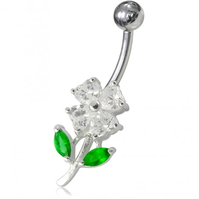 925 Sterling Silver Jewelled Flower Leaf Non-Moving Belly Ring