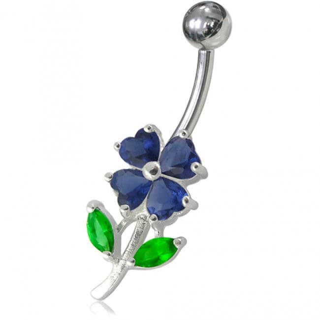 925 Sterling Silver Jewelled Flower Leaf Non-Moving Belly Ring
