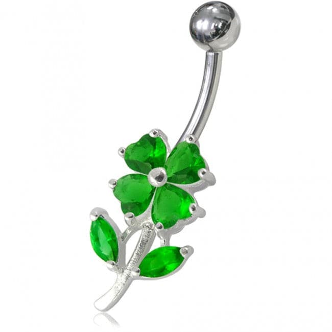 925 Sterling Silver Jewelled Flower Leaf Non-Moving Belly Ring