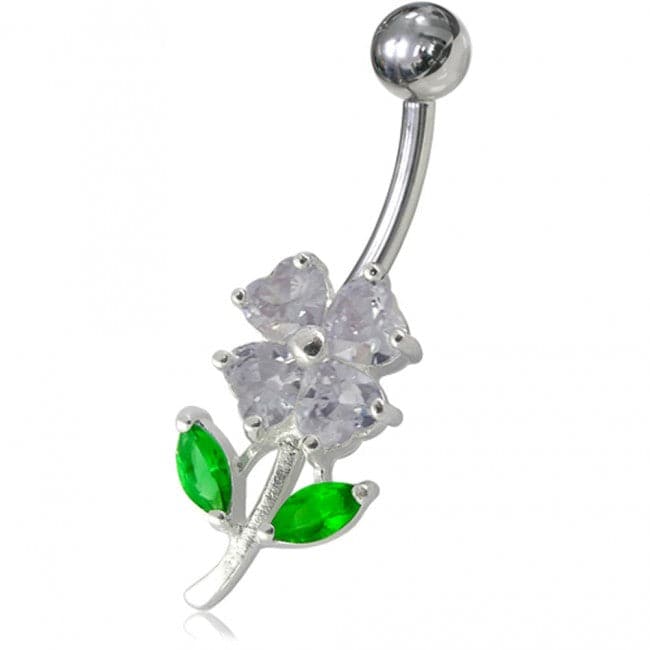 925 Sterling Silver Jewelled Flower Leaf Non-Moving Belly Ring
