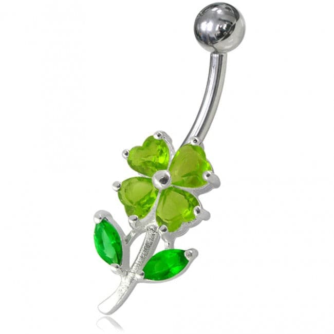 925 Sterling Silver Jewelled Flower Leaf Non-Moving Belly Ring