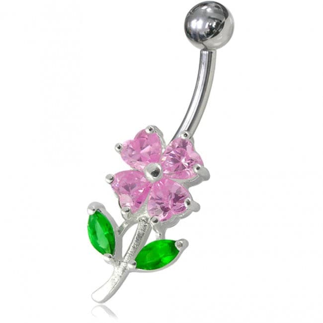 925 Sterling Silver Jewelled Flower Leaf Non-Moving Belly Ring