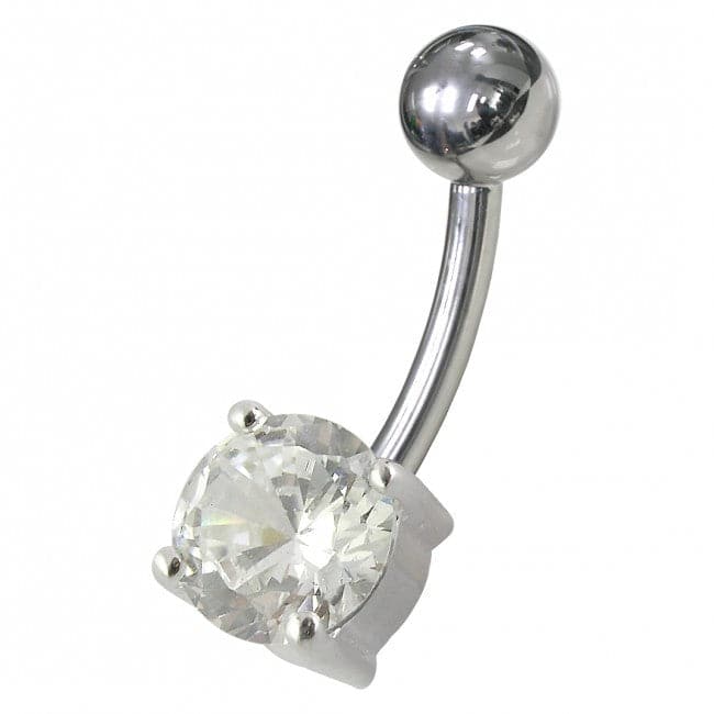 925 Sterling Silver Fancy CZ Jewelled Non-Moving Curved Bar Belly Ring