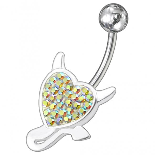925 Sterling Silver Fancy Heart Jewelled Curved Bar Non-Moving Belly Ring