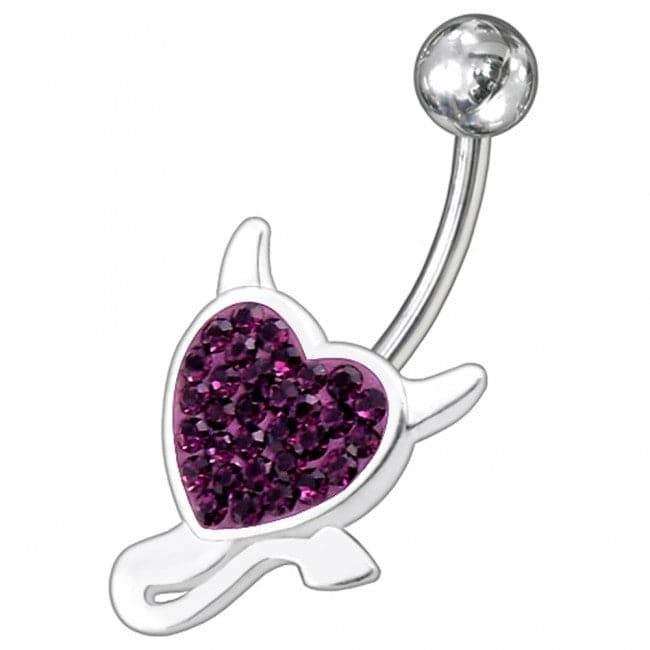 925 Sterling Silver Fancy Heart Jewelled Curved Bar Non-Moving Belly Ring