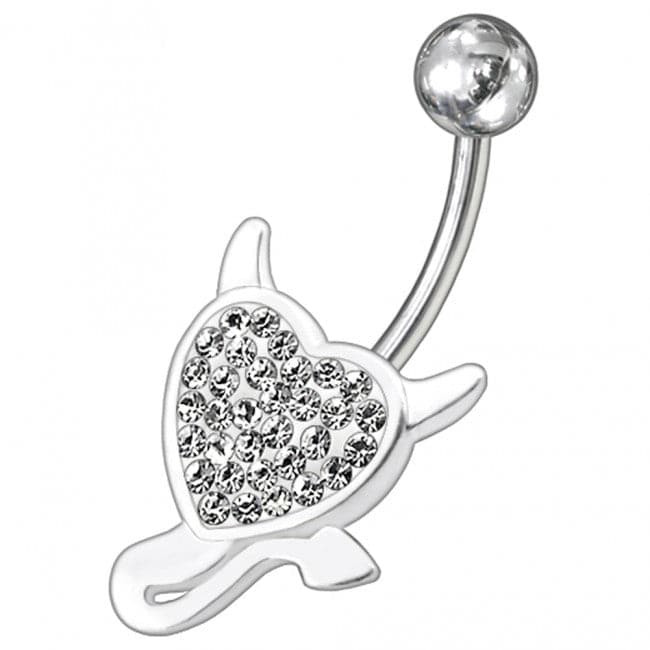 925 Sterling Silver Fancy Heart Jewelled Curved Bar Non-Moving Belly Ring
