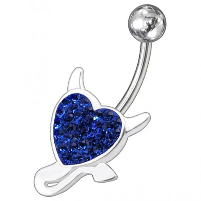 925 Sterling Silver Fancy Heart Jewelled Curved Bar Non-Moving Belly Ring