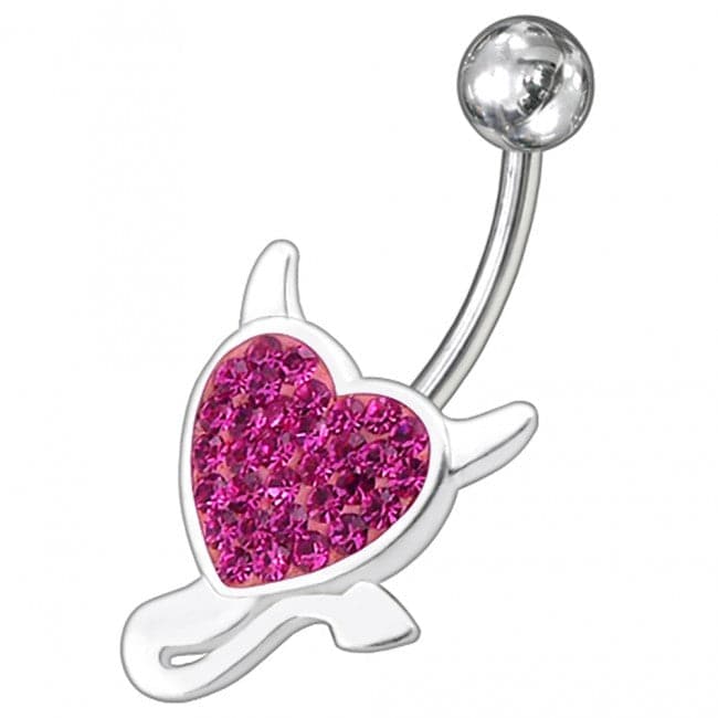 925 Sterling Silver Fancy Heart Jewelled Curved Bar Non-Moving Belly Ring