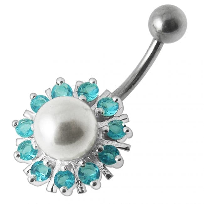 925 Sterling Silver Pearl flower Silver Belly Ring