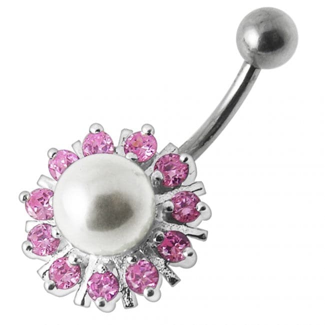 925 Sterling Silver Pearl flower Silver Belly Ring