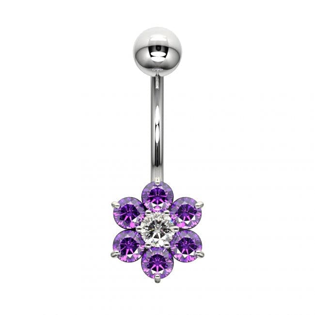 925 Sterling Silver Cute Jewelled Flower Silver Belly Ring