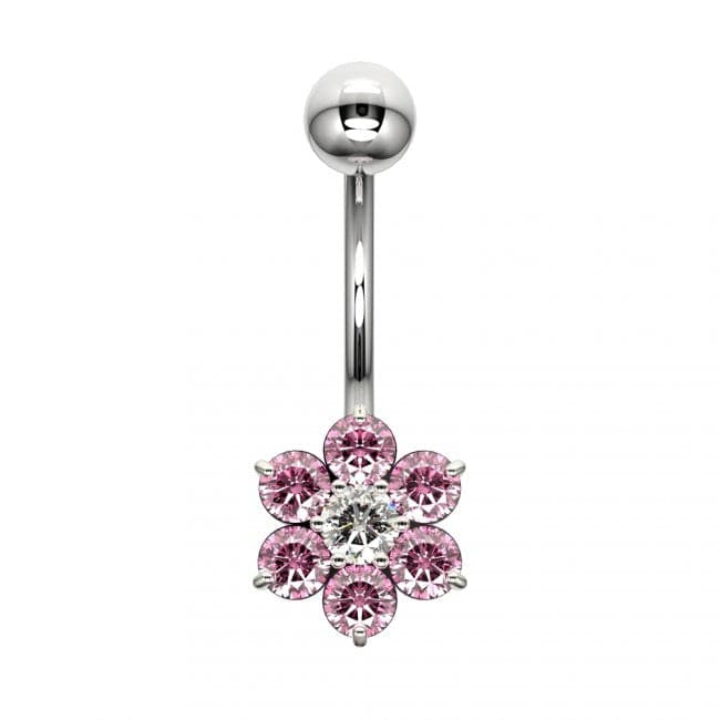 925 Sterling Silver Cute Jewelled Flower Silver Belly Ring