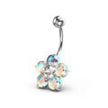 925 Sterling Silver Jewelled Flower Non Dangling Navel Bar
