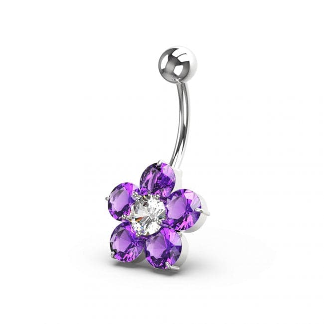 925 Sterling Silver Jewelled Flower Non Dangling Navel Bar