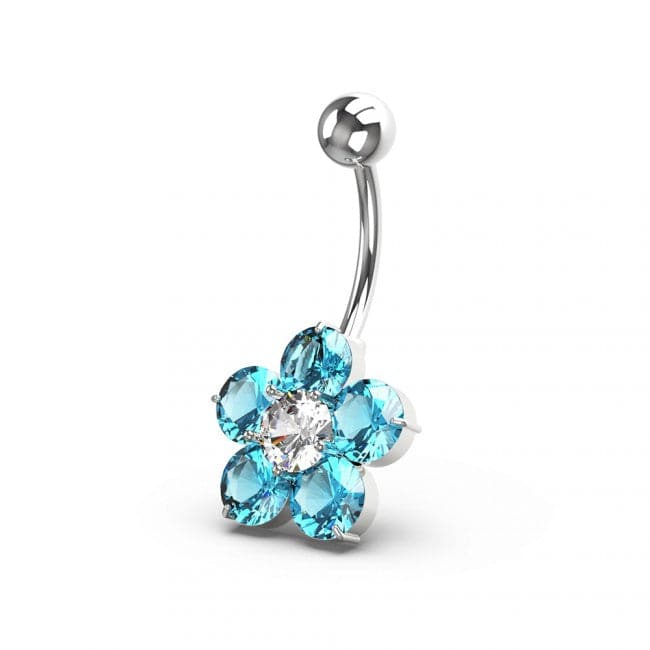 925 Sterling Silver Jewelled Flower Non Dangling Navel Bar