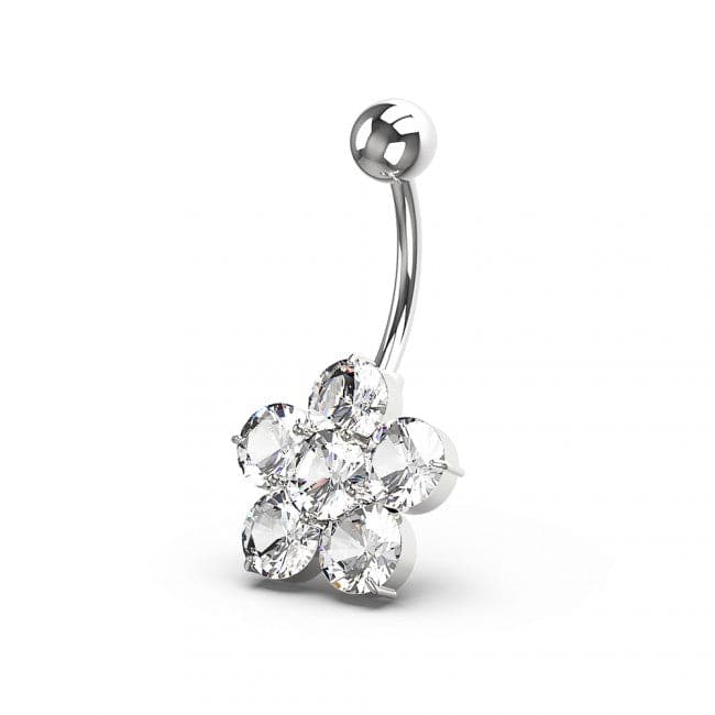 925 Sterling Silver Jewelled Flower Non Dangling Navel Bar