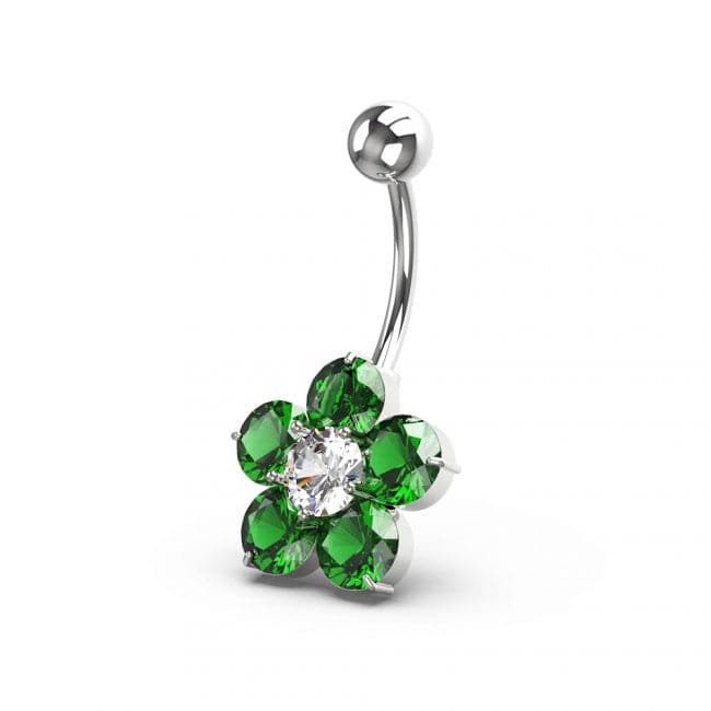 925 Sterling Silver Jewelled Flower Non Dangling Navel Bar