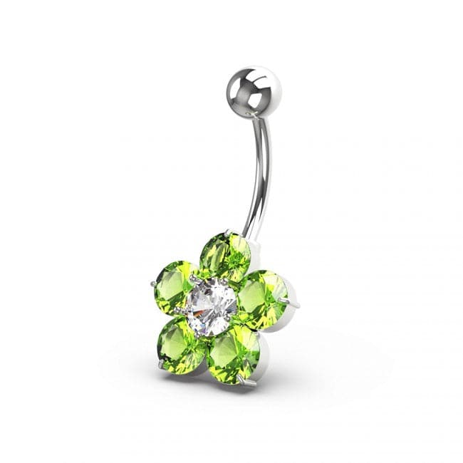 925 Sterling Silver Jewelled Flower Non Dangling Navel Bar