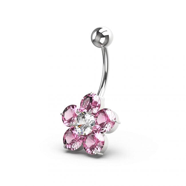 925 Sterling Silver Jewelled Flower Non Dangling Navel Bar