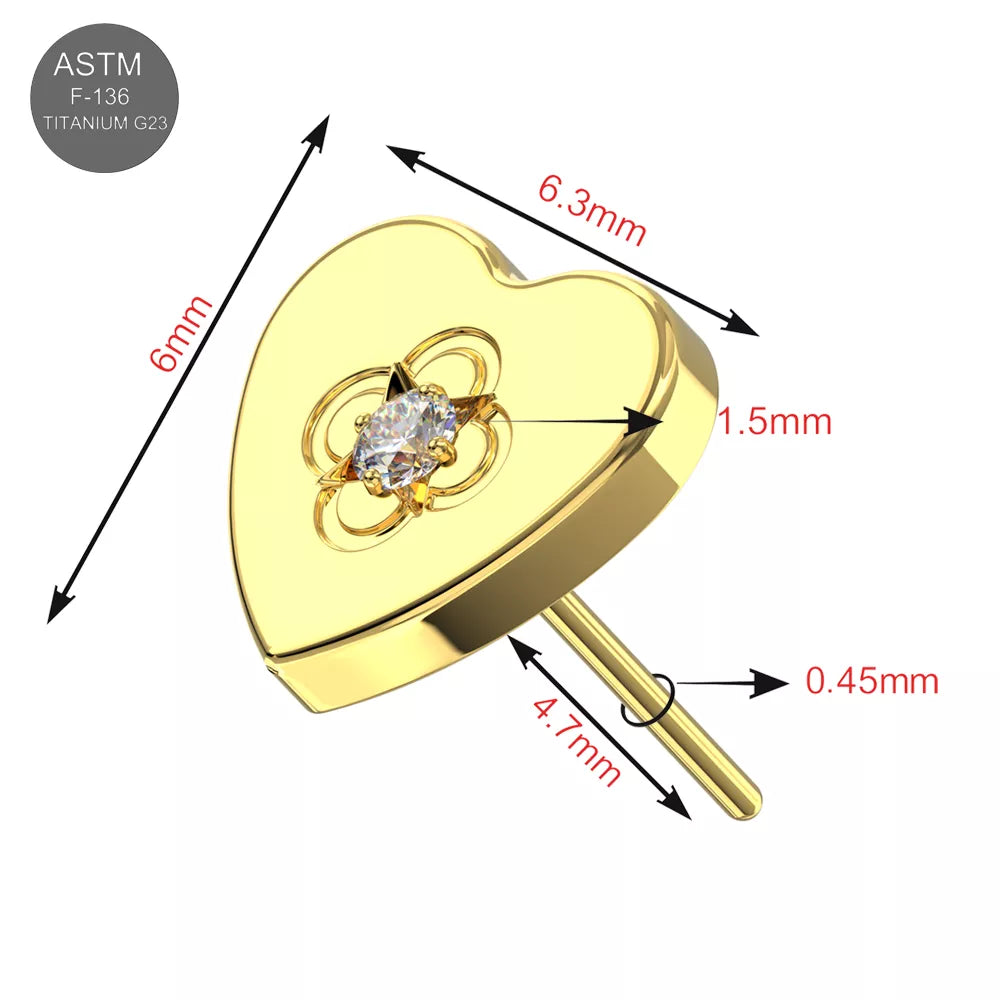 G23 Titanium CZ Studded Heart Threadless Labret Accessory Top