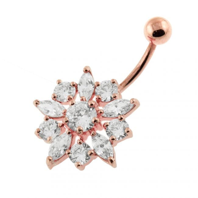 925 Sterling Silver Jewelled Flower Non-Moving SS Banana Bar Belly Ring
