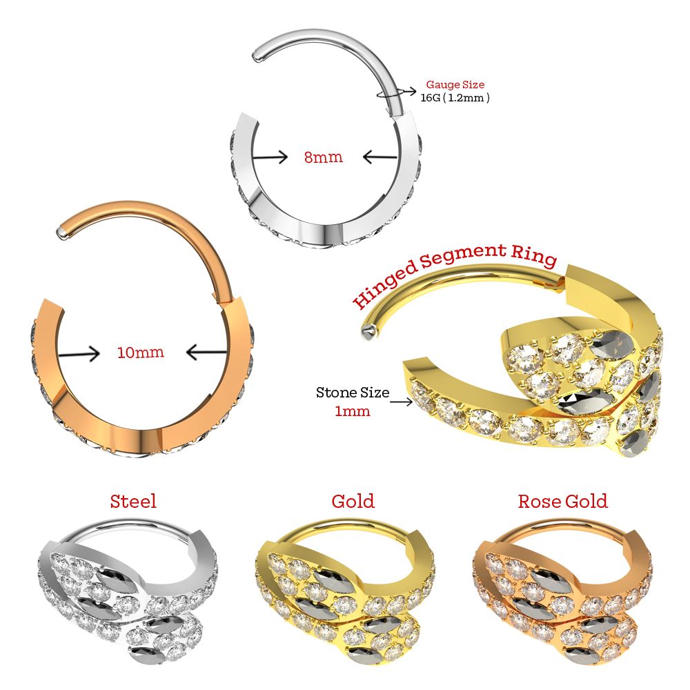 316L Surgical Steel CZ Jewelled Double Headed Snake Hinged Segment Clicker