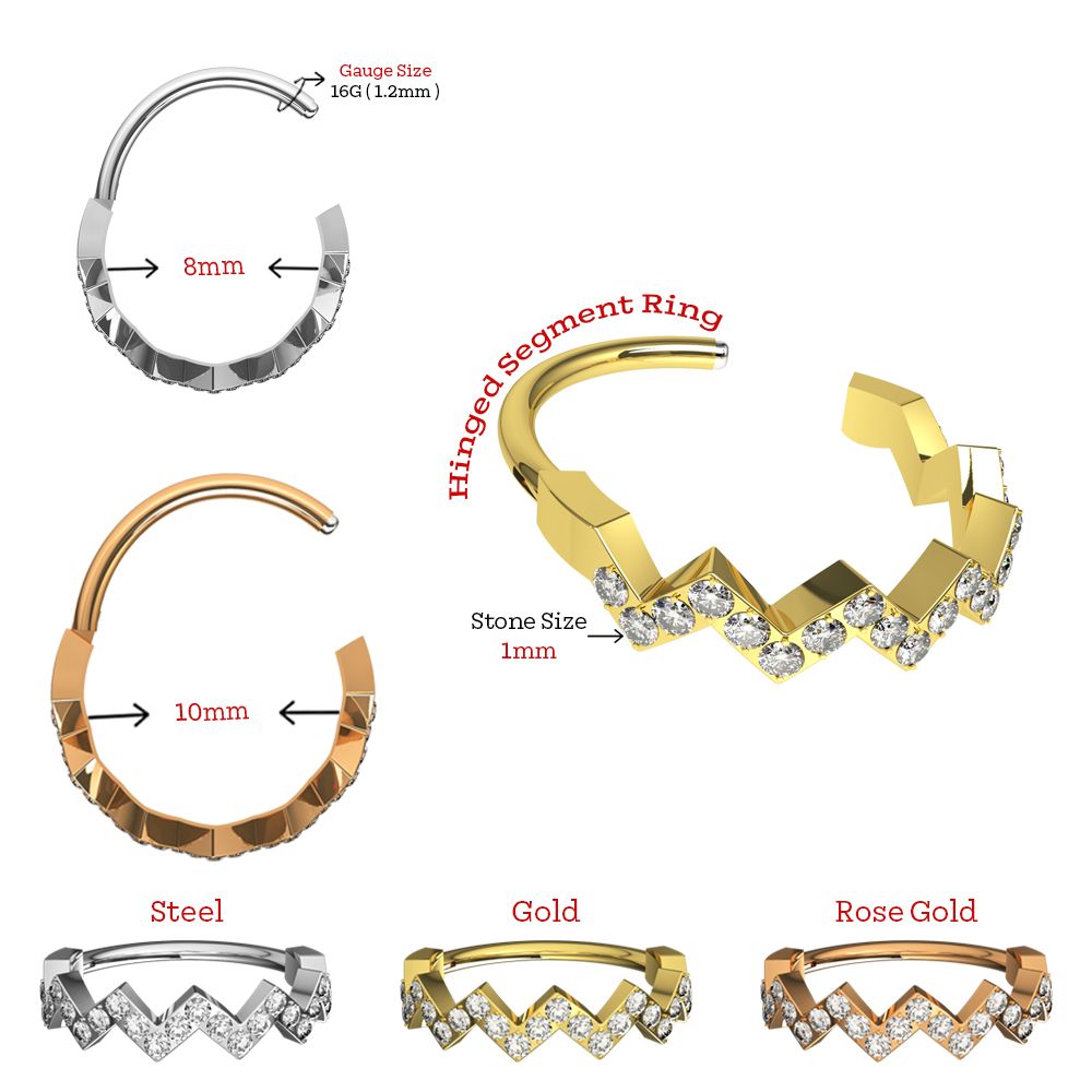 316L Surgical Steel CZ Jewelled Zig Zag Hinged Segment Clicker