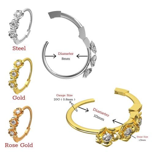 316L Surgical Steel CZ Jewelled Triple Flower Hinged Segment Clicker