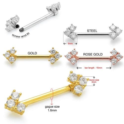 316L Surgical Steel Tri-Jewelled Arrow CZ Nipple Bar