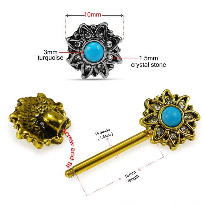 316L Surgical Steel Flower Jewelled Turquoise Bead Nipple Bar