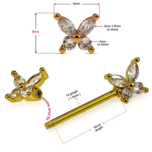 316L Surgical Steel Butterfly Jewelled Nipple Bar