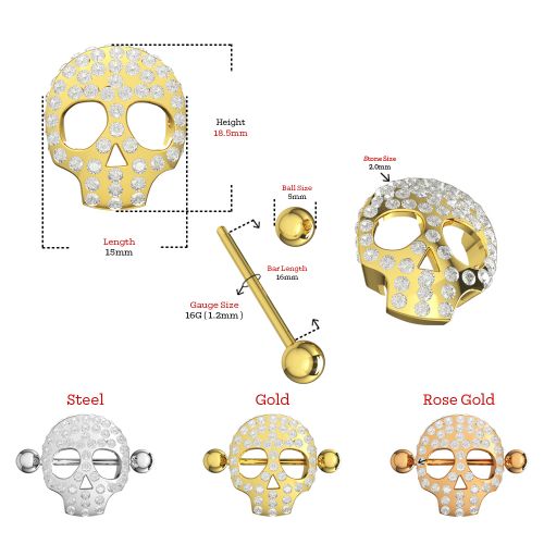 316L Surgical Steel Jewelled Skull Nipple Bar