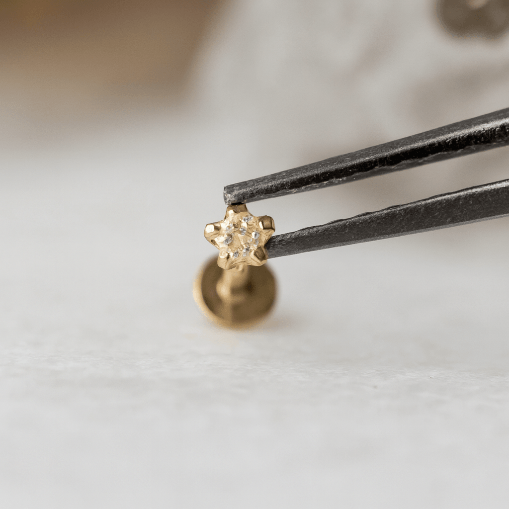 14K Gold Internal Lip Labret with Star Cubic Zirconia Push Fit Top