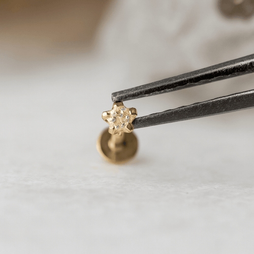 14K Gold Internal Lip Labret with Star Cubic Zirconia Push Fit Top