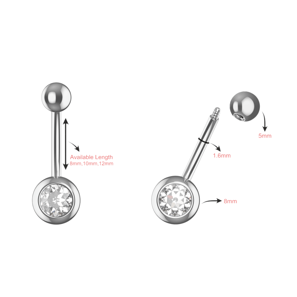 316L Surgical Steel Single CZ Jewelled Belly Ring