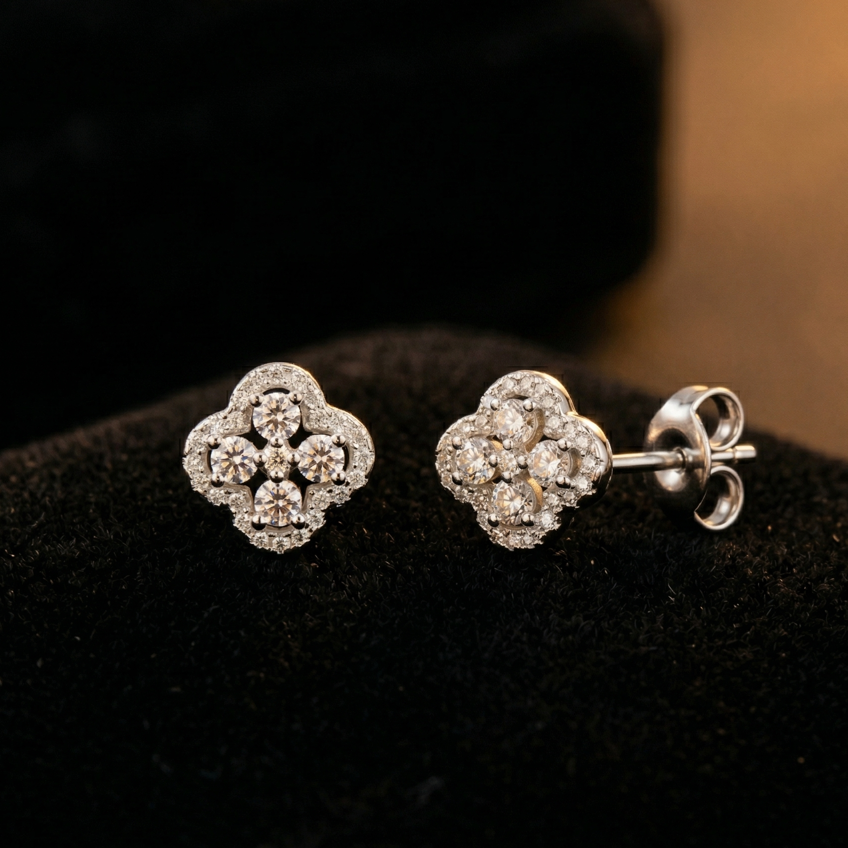 925 Sterling Silver Rhodium Plated CZ Cluster Clover Stud Earrings