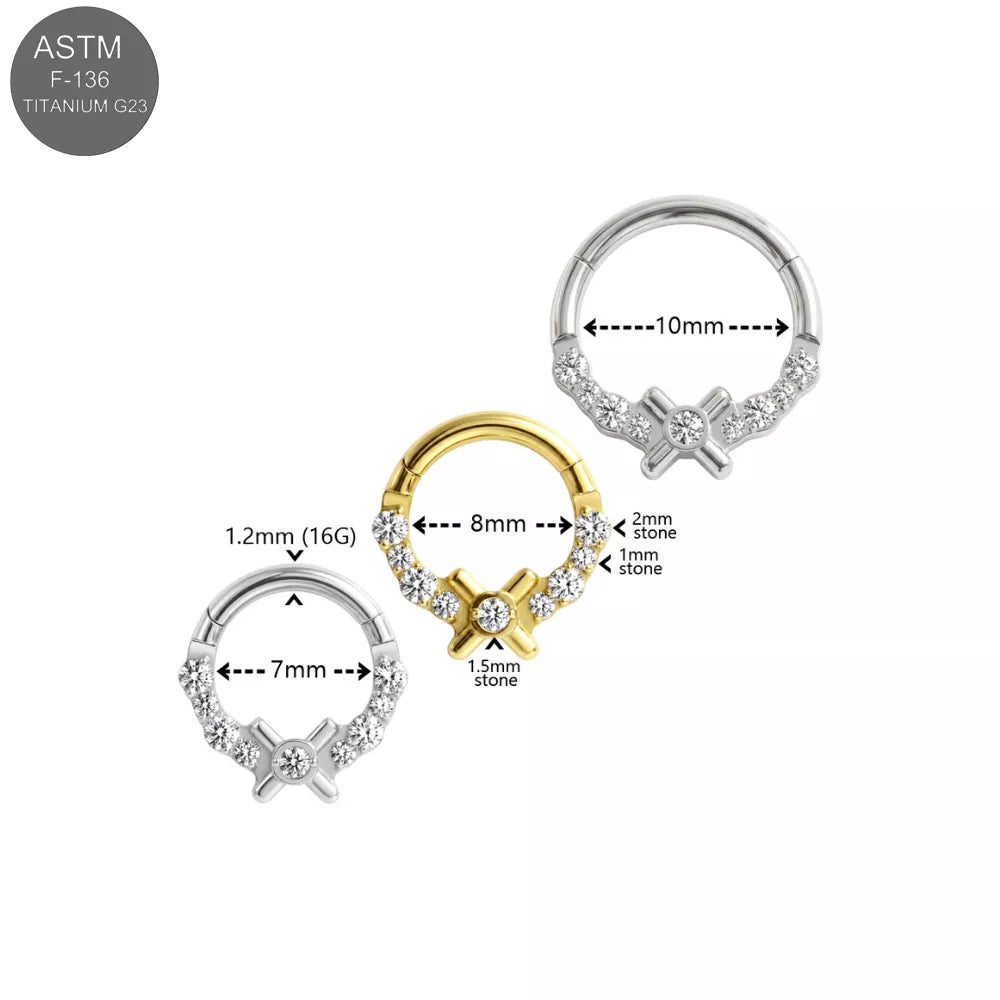 G23 Titanium Round CZ Cross Hinged Segment Clicker Ring
