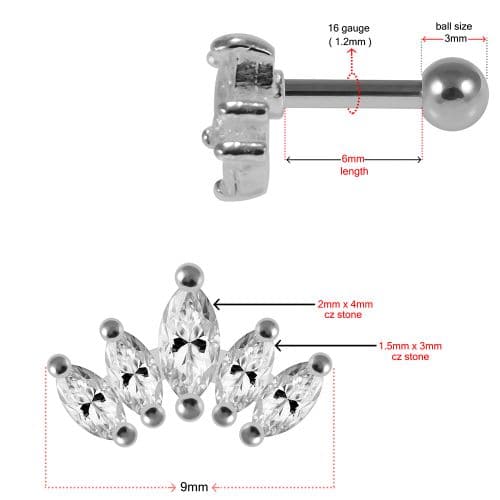 925 Sterling Silver 5 marquise CZ Jewelled Cartilage Ear Stud