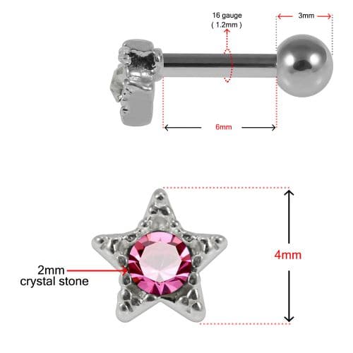 925 Sterling Silver Star CZ Jewelled Cartilage Tragus Piercing Ear Stud