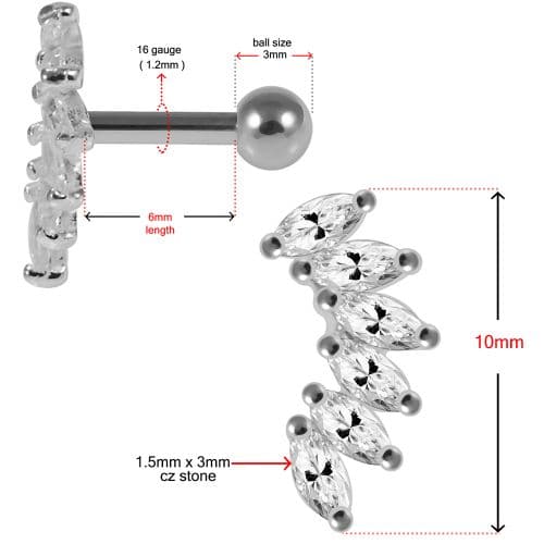 925 Sterling Silver Marquise CZ Jewelled Tragus Piercing Ear Stud