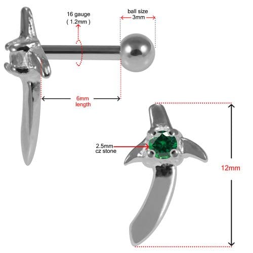 925 Sterling Silver Sword CZ Jewelled Cartilage Ear Stud