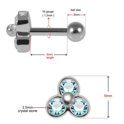 925 Sterling Silver Trinity CZ Jewelled Cartilage Ear Stud