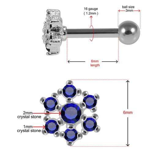 925 Sterling Silver Snowflake CZ Jewelled Cartilage Tragus Piercing Ear Stud