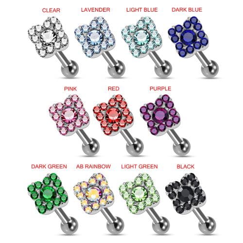 925 Sterling Silver Square Flower CZ Jewelled Cartilage Ear Stud