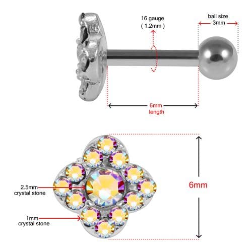 925 Sterling Silver Square Flower CZ Jewelled Cartilage Ear Stud