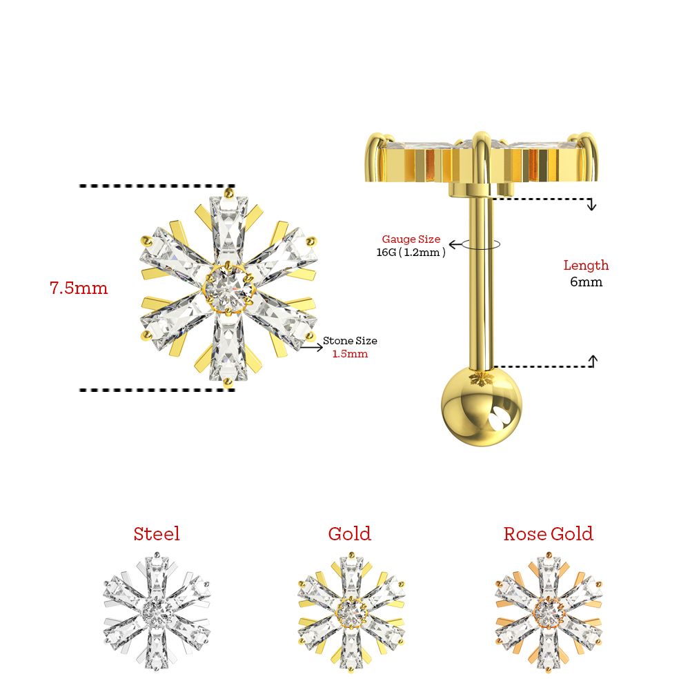 316L Surgical Steel Cubic Zirconia Studded Snowflake Stud